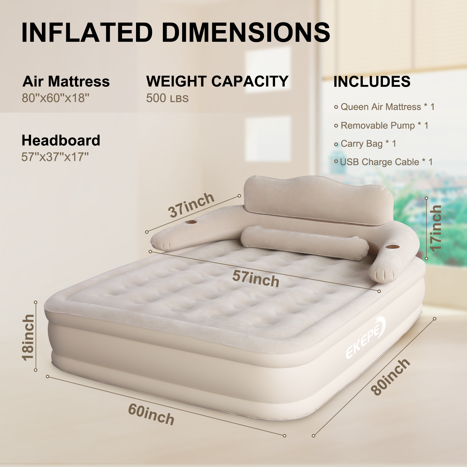 EKEPE Air Mattress with Segmented Headboard and Built-in Cordless Pump