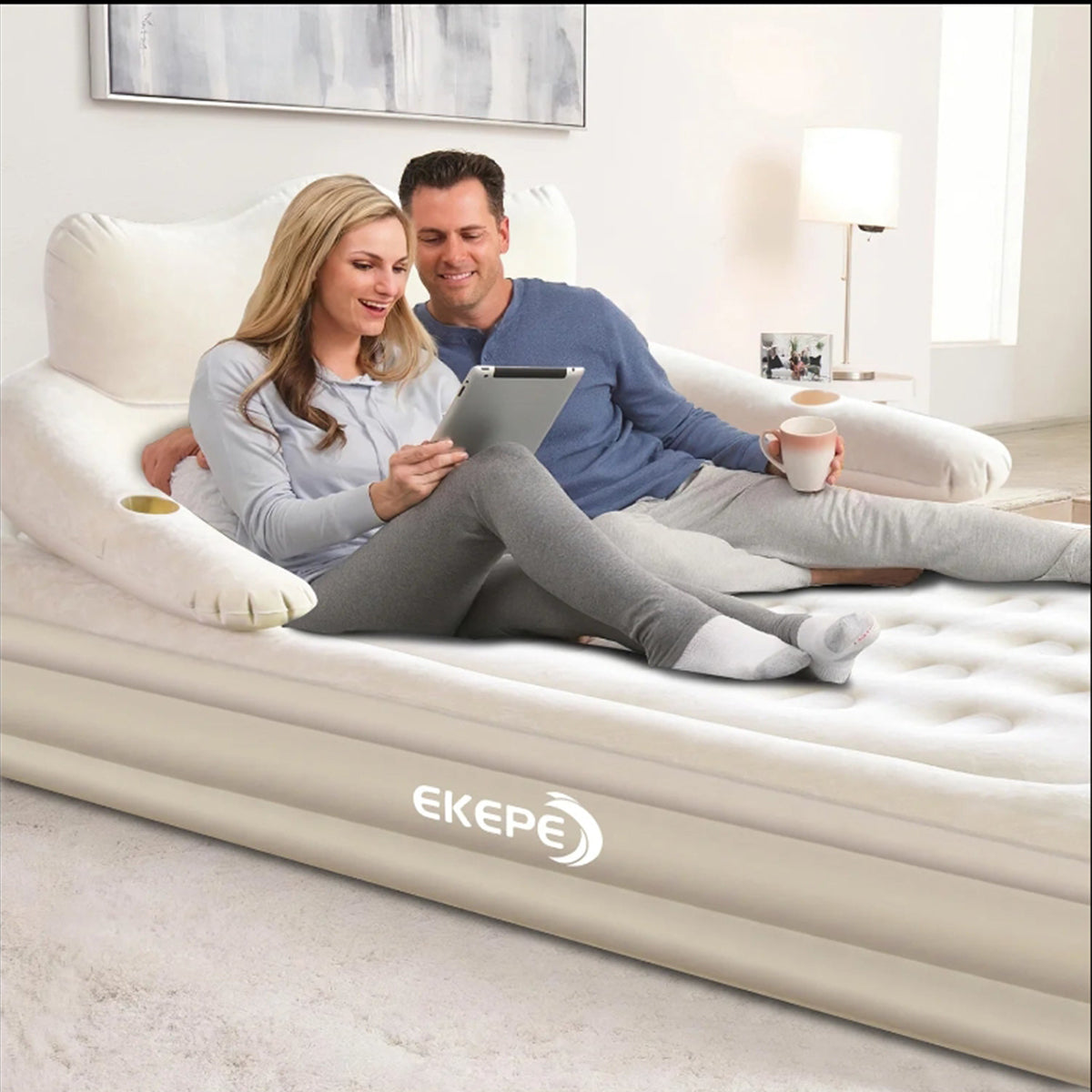 EKEPE Air Mattress with Segmented Headboard and Built-in Cordless Pump