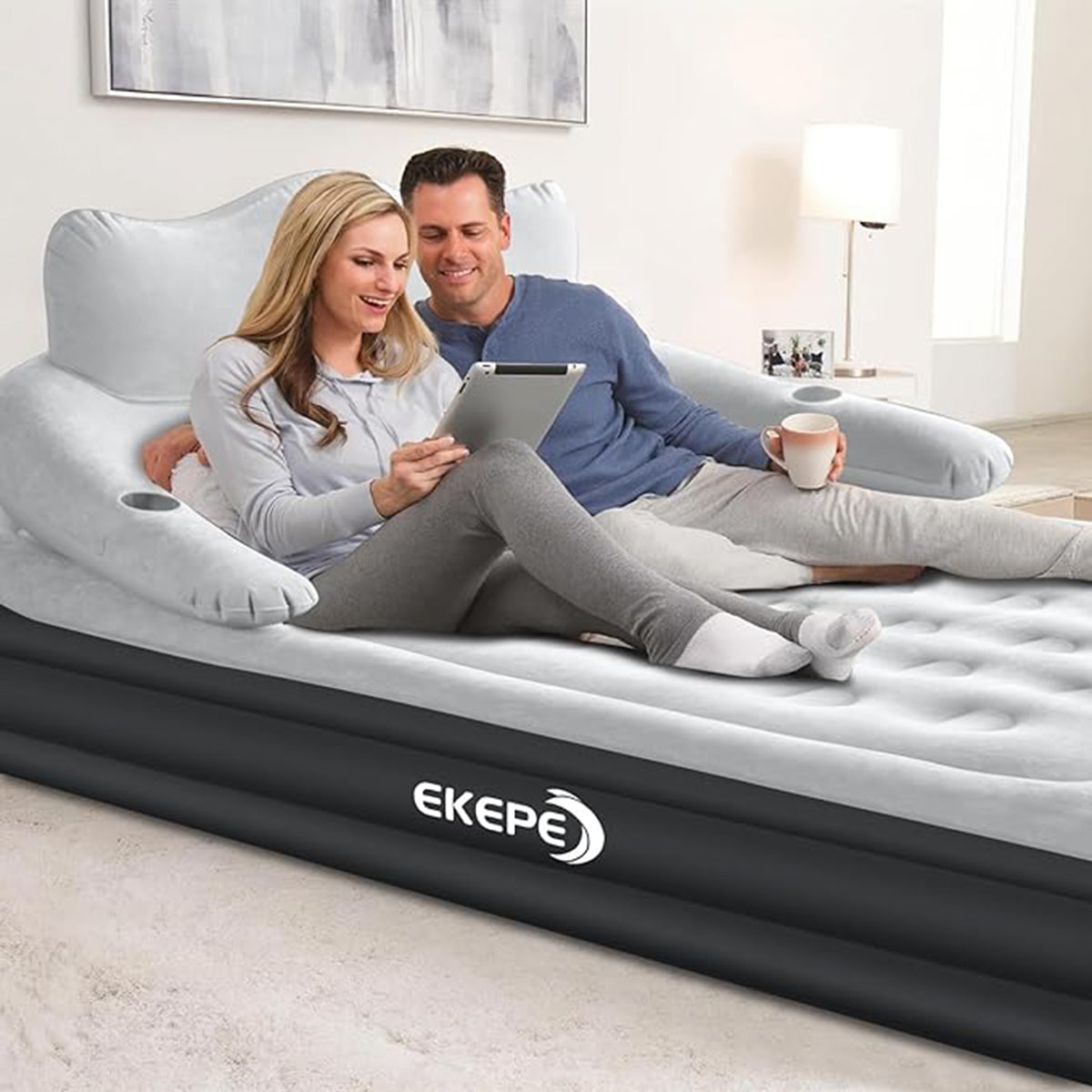 EKEPE Air Mattress with Segmented Headboard and Built-in Cordless Pump