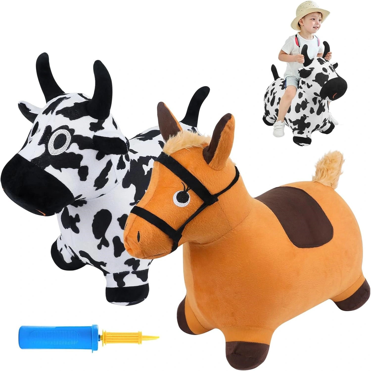 Bouncy Hopper Cow & Horse 2 PCS, Inflatable Hopping Outdoor Ride on Bouncy Animal Play Toys with Pump. - EKEPE