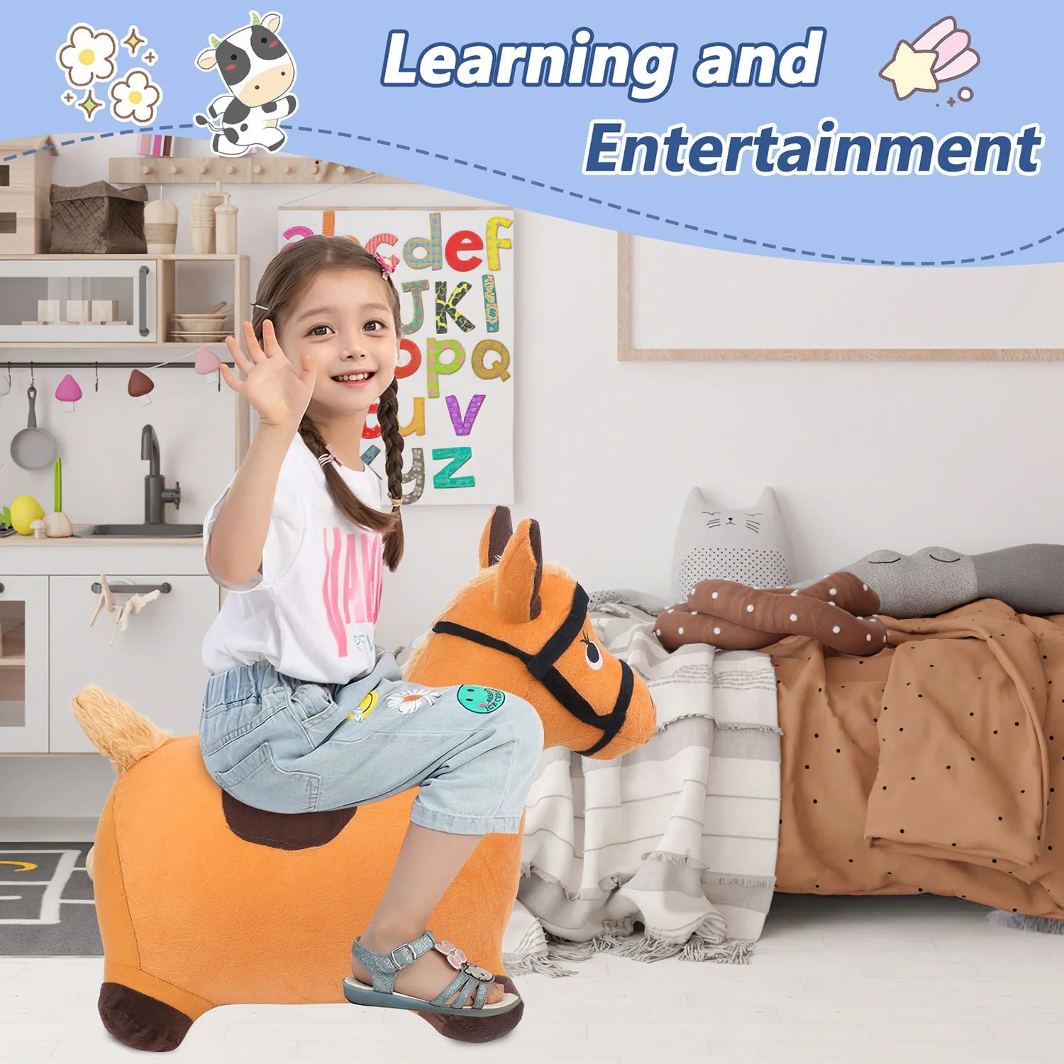 Bouncy Hopper Cow & Horse 2 PCS, Inflatable Hopping Outdoor Ride on Bouncy Animal Play Toys with Pump. - EKEPE